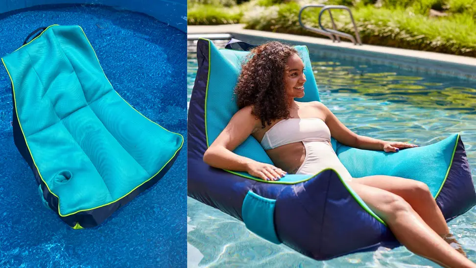 On left, navy-aqua "Captain's Pool Float" from Big Joe in pool water. On right, woman smiling while reclining outdoors in pool on the navy-aqua "Captain's Pool Float."