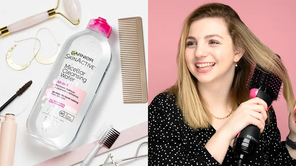 On the left: The Garnier SkinActive Micellar Cleansing Water laying on a white surface with beauty products laying all around it. On the right: A person with long, blond hair running the Revlon One-Step Hair Dryer and Volumizer through their hair and smiling while looking off into the distance.