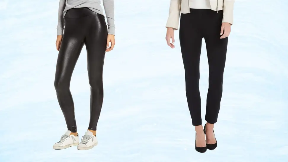 Black leggings against a light blue background