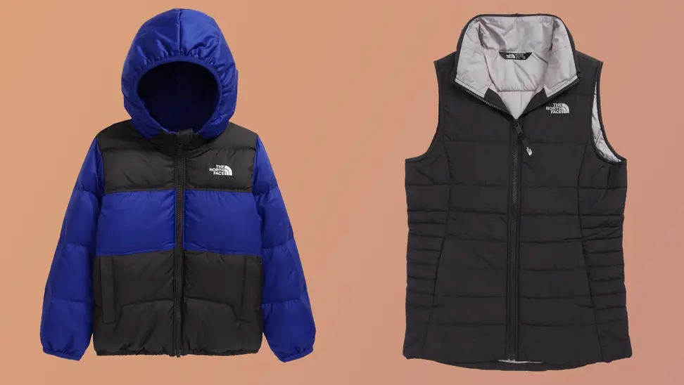 On left, blue and black The North Face puffer jacket. On right, black The North Face puffer jacket.