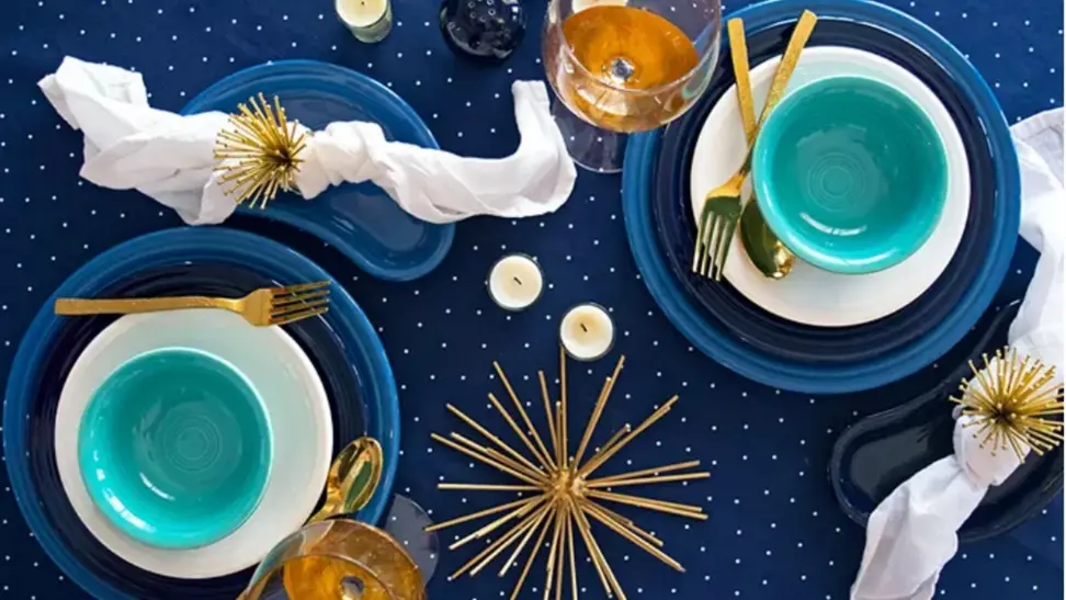 Blue, white, and turquoise Fiestaware place settings.