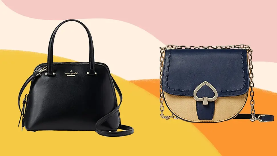 Two leather Kate Spade bags against a pink, orange and yellow background.
