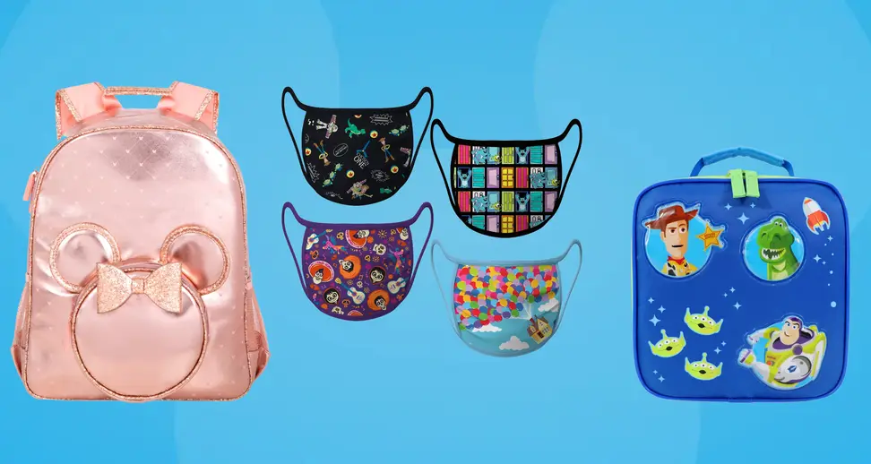 blue Mickey Mouse background with pink backpack, toy story lunchbox and pixar face masks