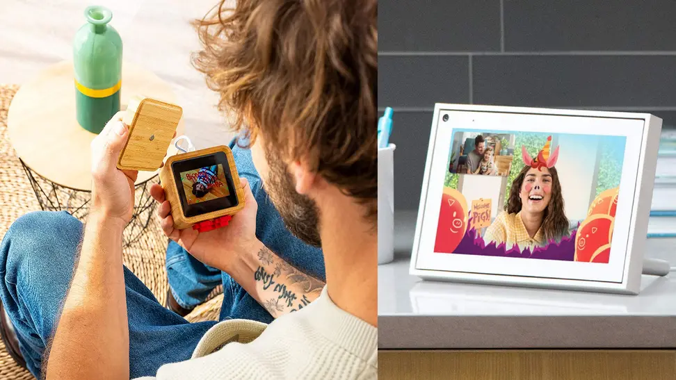 Man holding an open Lovebox next to an image of a woman smiling in a Portal Mini