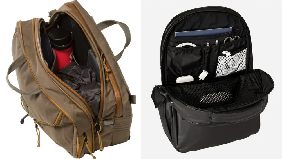 Brown waxy commuter bag from Mystery Ranch, black commuter backpack showing many compartments from The Ridge.