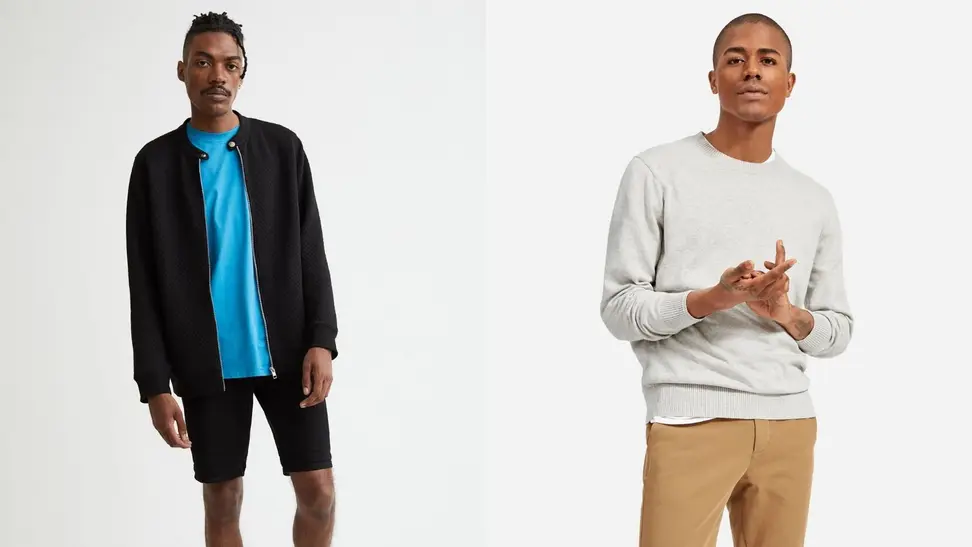 Man wearing blue t-shirt with black cardigan from H&M over it, man folding his hands while wearing grey crewneck sweatshirt from Everlane.