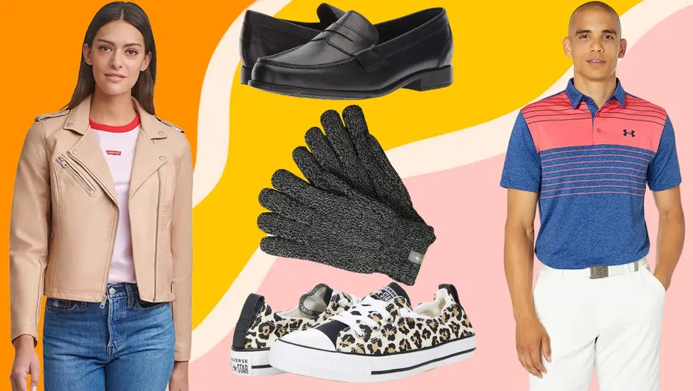 On left, person wearing tan leather jacket. In middle, black leather penny loafers, wool gloves, cheetah print sneakers. On right, person wearing red and blue polo.