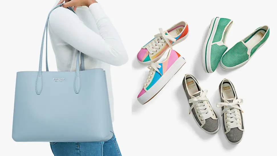 Person wearing pastel blue tote purse on shoulder. On right, three pairs of sneakers.
