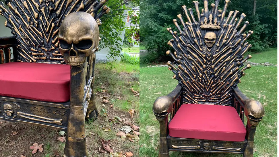 Three different angles of the Bone Throne chair outdoors.