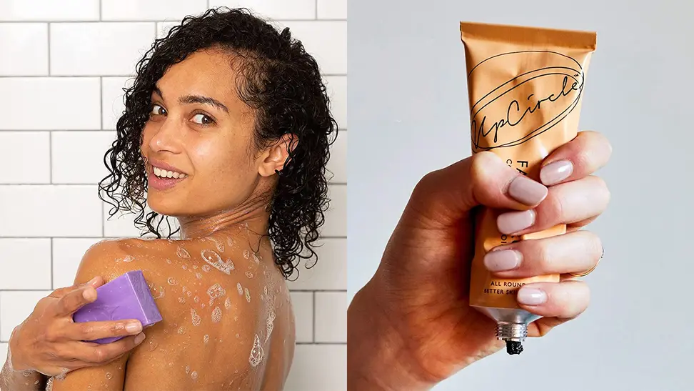 On the left: A person holding a purple bar soap up to their shoulder and washing their body. On the right: A hand squeezing a tube of face scrub.