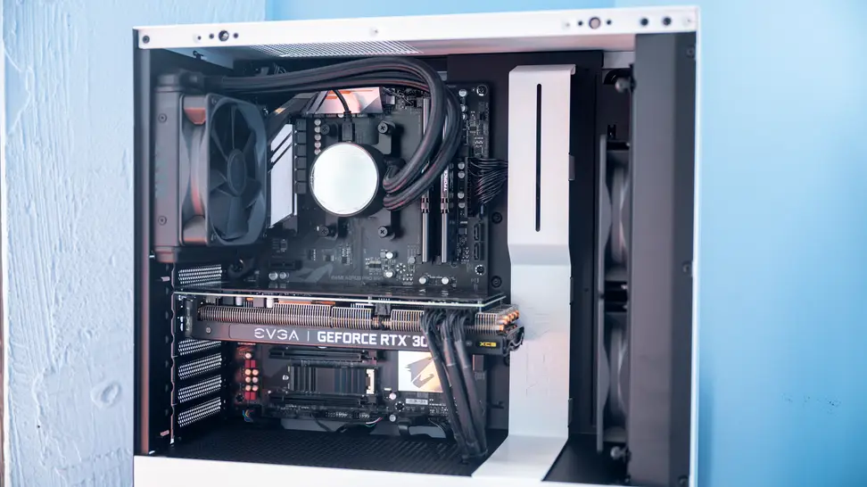 Computer components inside of an open PC desktop case