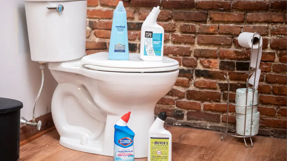 Four bottles of toilet bowl cleaner stand on top of and next to a toilet