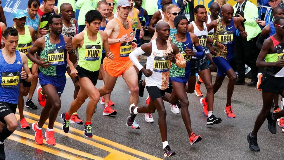 Crowd of runners at the 2019 Boston Marathon.