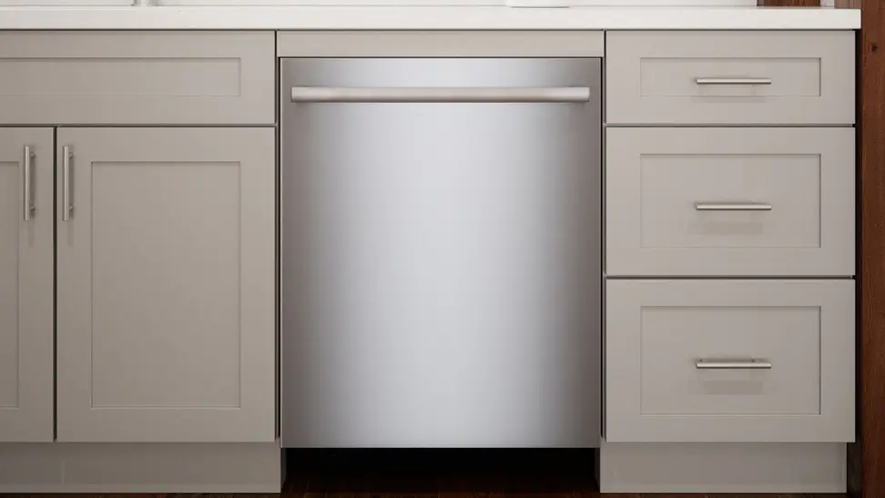 A shot of kitchen cabinetry with the Bosch dishwasher installed in the center