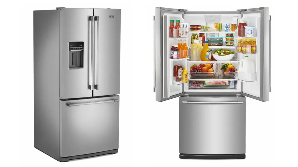 A side view of the Maytag MFW2055FRZ refrigerator on the left. A front view of the Maytag MFW2055FRZ refrigerator on the right.