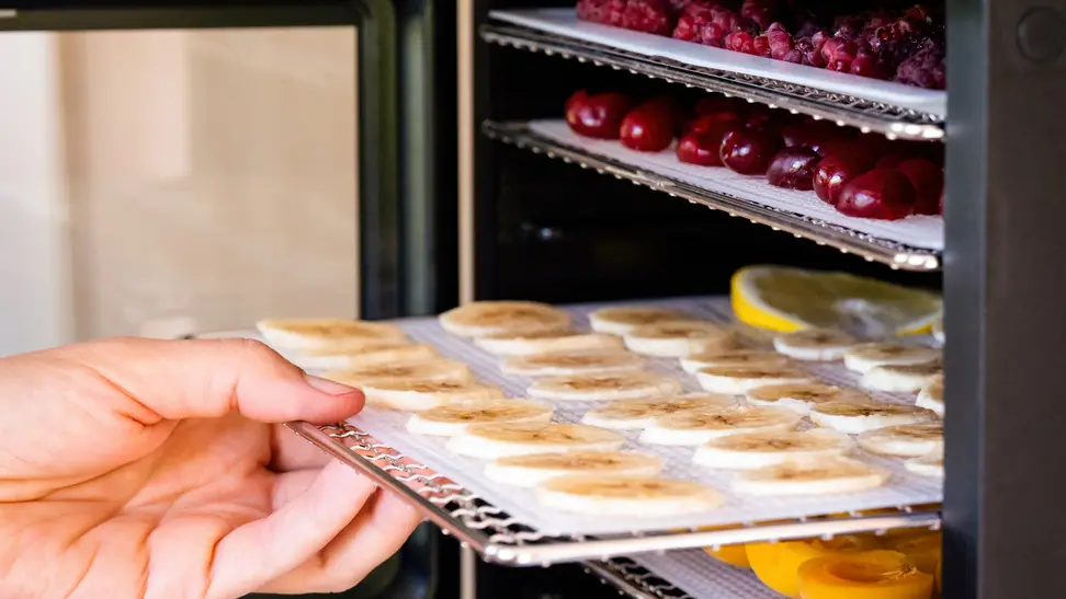 Person pulling food out of a food dehydrator.