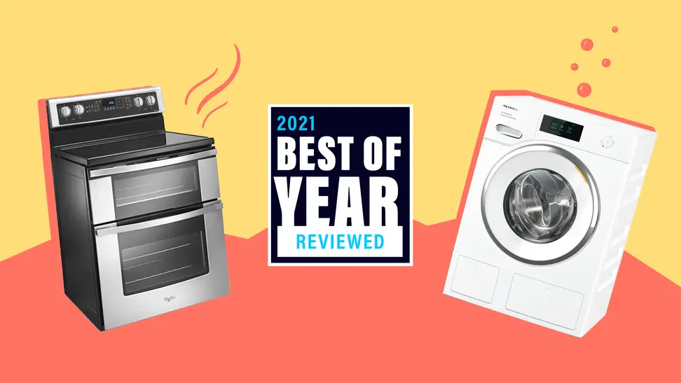 A Whirlpool range and Miele compact washer sit on a yellow and orange background with the text, "2021 Best of Year Reviewed"