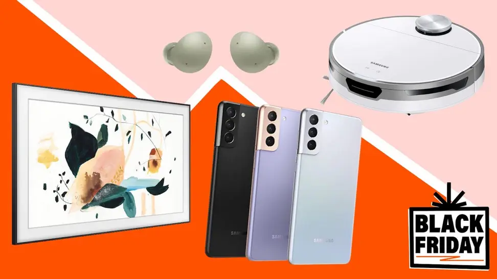 Phone and robot vacuum against orange and pink background