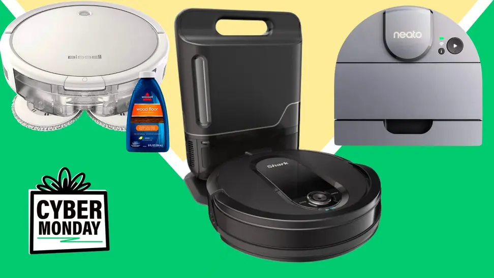 Robot vacuums on green and yellow background
