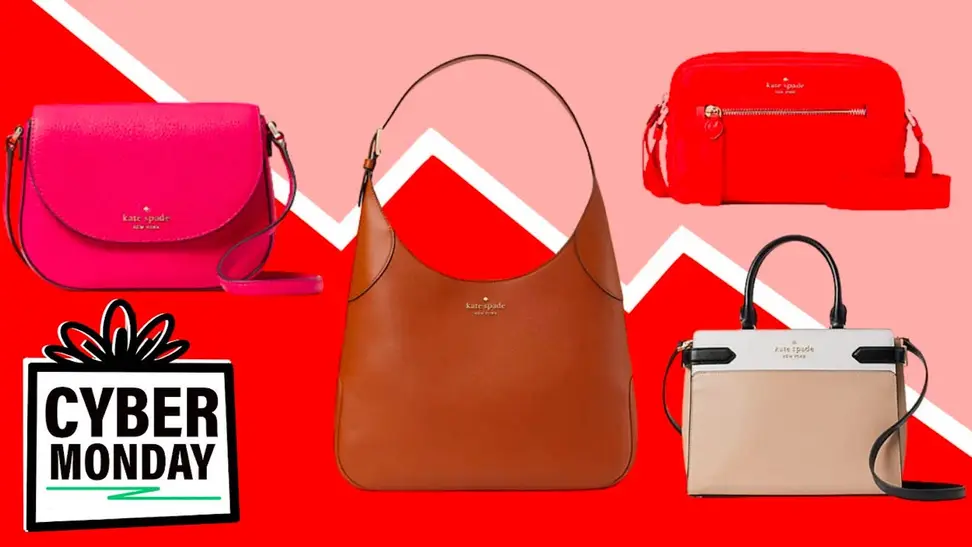 Collage of Kate Spade purses against pink/red background