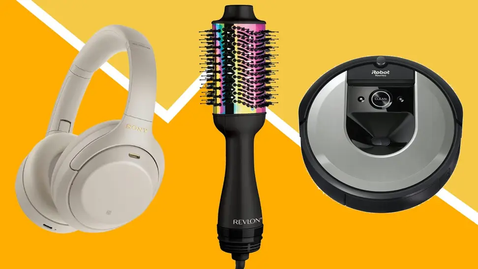 On left, cream wireless headphones. In middle, colorful hair brush dryer. On right, gray and black robot vacuum.