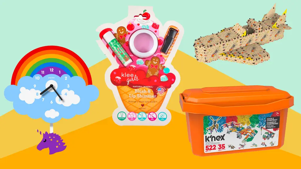 Four toys: A Modern Moose Popclox clock in rainbow, a Klee Christmas cosmetics set, a Make-A-Fort and a box of K'nex