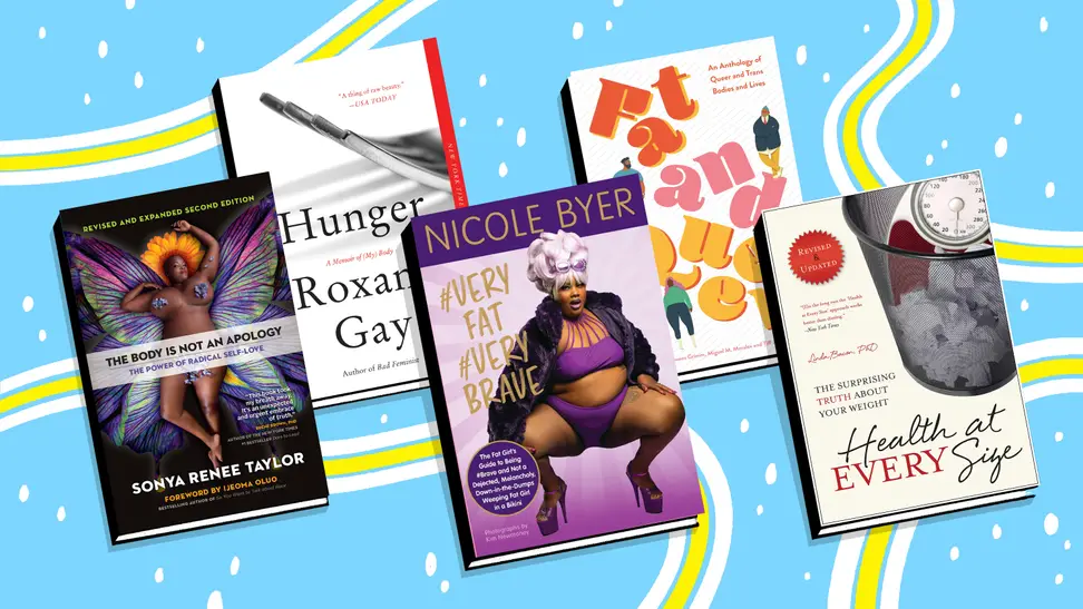 A variety of books on body positivity spread on a blue background with white and yellow stripes