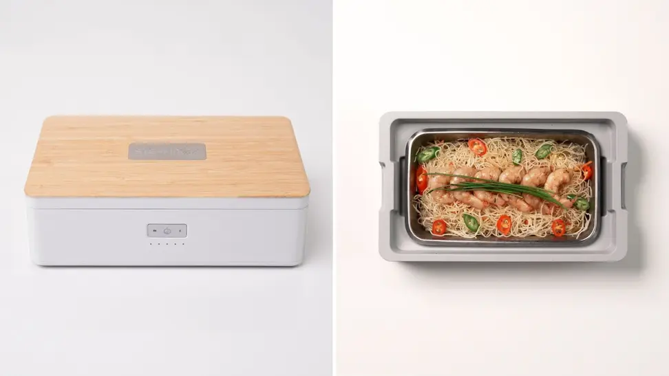 On left, Steambox product closed on a white background. On right, Steambox product open, with rice, veggie, and shrimp dish visible.
