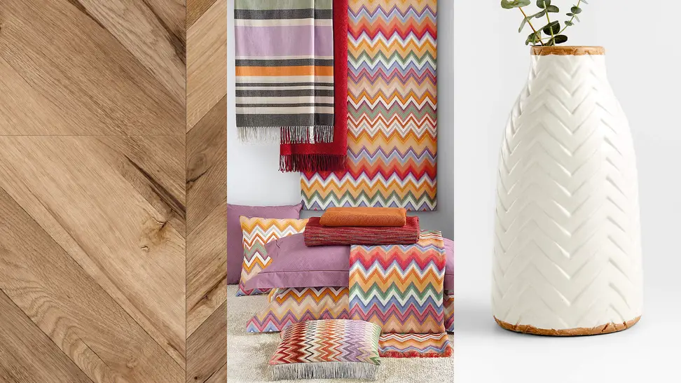 1) Close up of a wood floor in a chevron pattern. 2) Colorful throw rugs in design display. 3) Close up of a chevron-carved vase.