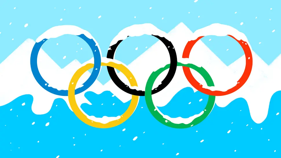 An illustration of the Olympic rings covered in snow, in front of snow-capped blue mountains.