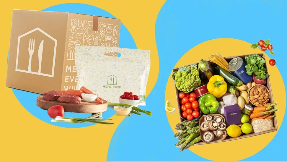 Two meal kit delivery boxes against a yellow and blue background.