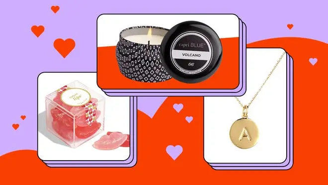 On left, lip-shaped gummy candy in clear box. In middle, lit black and white candle. On right, gold pendant necklace with letter "A" on front.