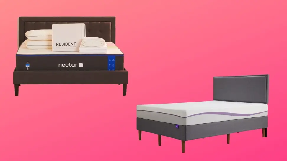 nectar mattress and purple mattress on a pink background