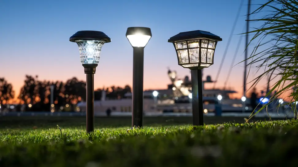 A row of outdoor solar path lights in a park, set against a sunset