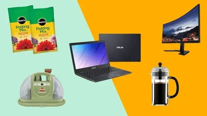 Collage showing off a laptop, a flatscreen TV, potting mix, press coffee maker and a hand mixer.