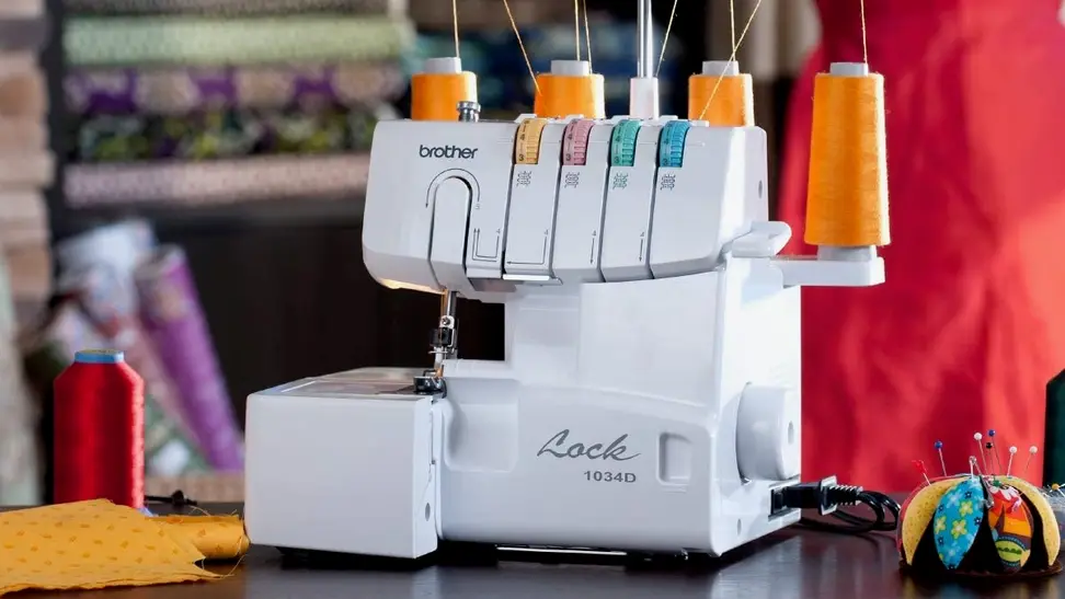 A Brother serger machine sitting in a living room.