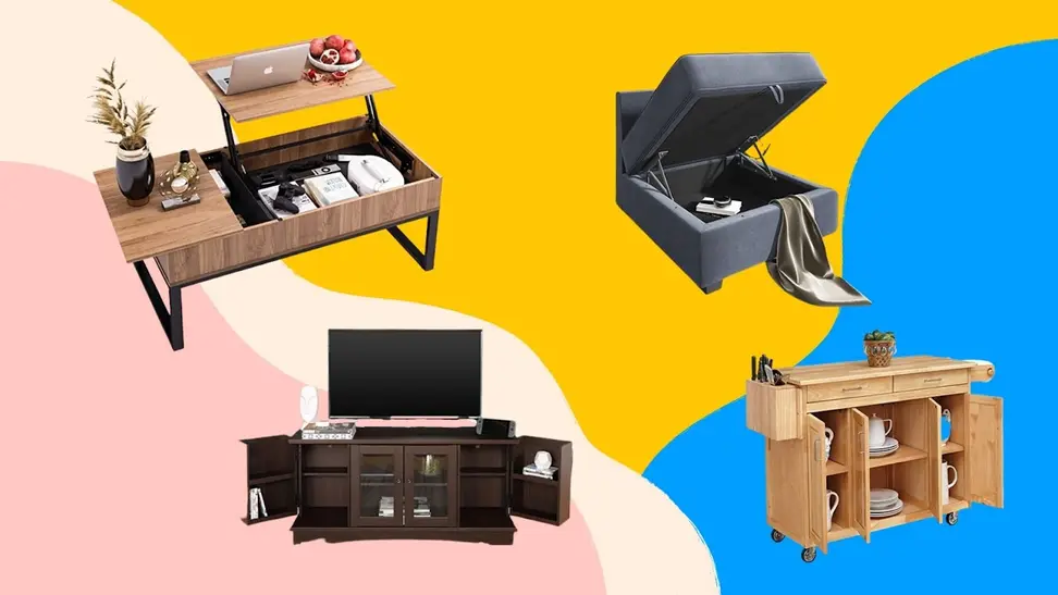 Wooden TV console, wooden kitchen island on wheels, computer desk and ottoman seat.
