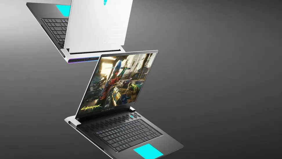 A clip from the Cyberpunk 2077 game showing on an Alienware laptop screen.