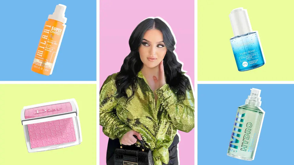 Mikayla (center) surrounded by photos of the Milani Supercharged Revitalizing Facial Mist (top left corner), Dior blush (bottom left corner), Neutrogena Hydro Boost Hyaluronic Acid Serum (top right corner), Milk Makeup Primer (bottom right).