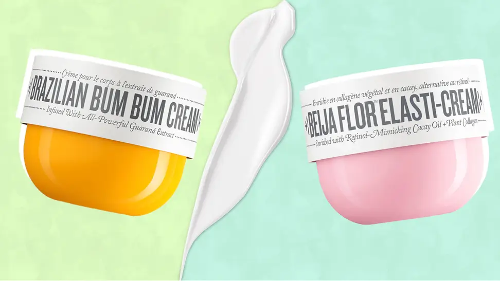 Two tubs of body cream against a green background.