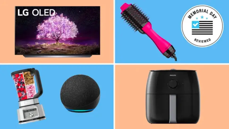 A collage with an LG TV, hair brush dryer, blender, smart speaker and air fryer.