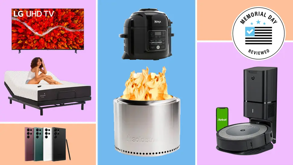 An LG TV and a woman on a ped against a purple background. A series of Galaxy phones against a peach background, both on the left. An Air Fryer and a Solo Stove against a blue background in the middle. An empty peach space in the upper right. An iRobot vacuum in dock against a purple background.