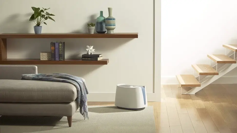 An evaporative humidifier operating in a living room.