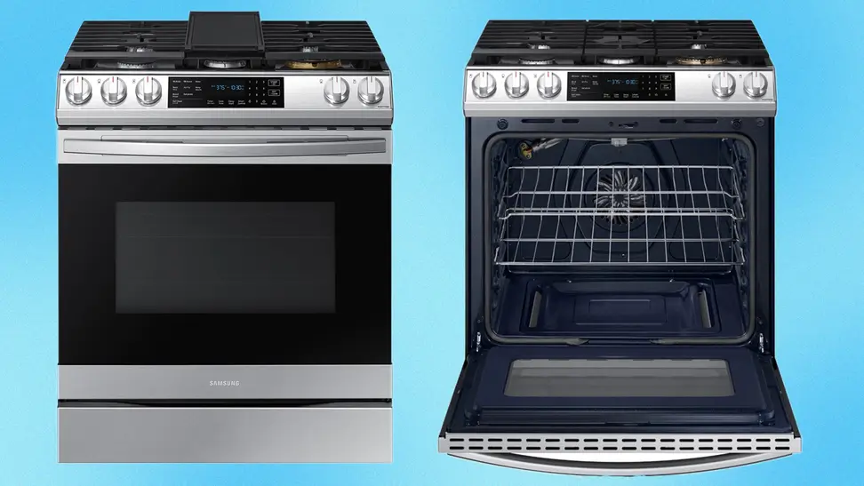 Samsung oven range opened to display inside of appliance.