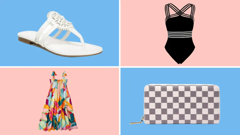 colorful summer dress, white sandals, back one piece swimsuit, and a checkered clutch