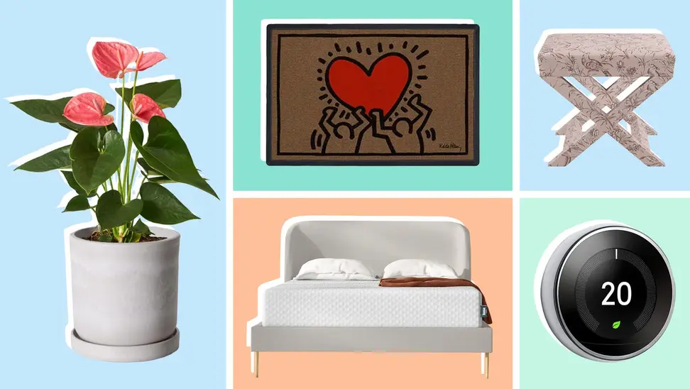 Heart rug, thermostat, potted plant with pink flower, floral bench and white bed frame