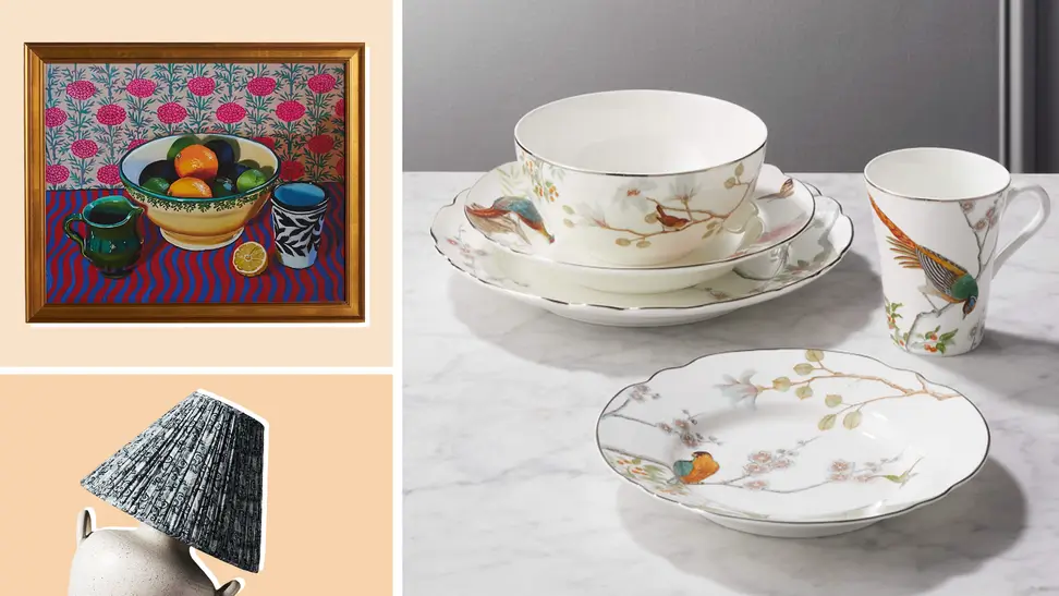 A painting of fruit, a table lamp, and a china set in a collage.