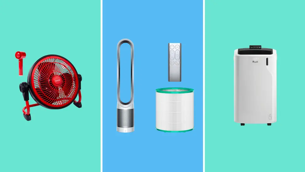 Three images of fans and personal air conditioners against a multicolored background.