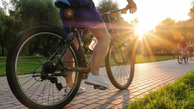 person riding a bike into the sun