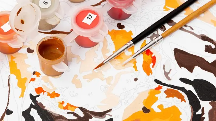 Paint by number with yellow, orange, brown and red.